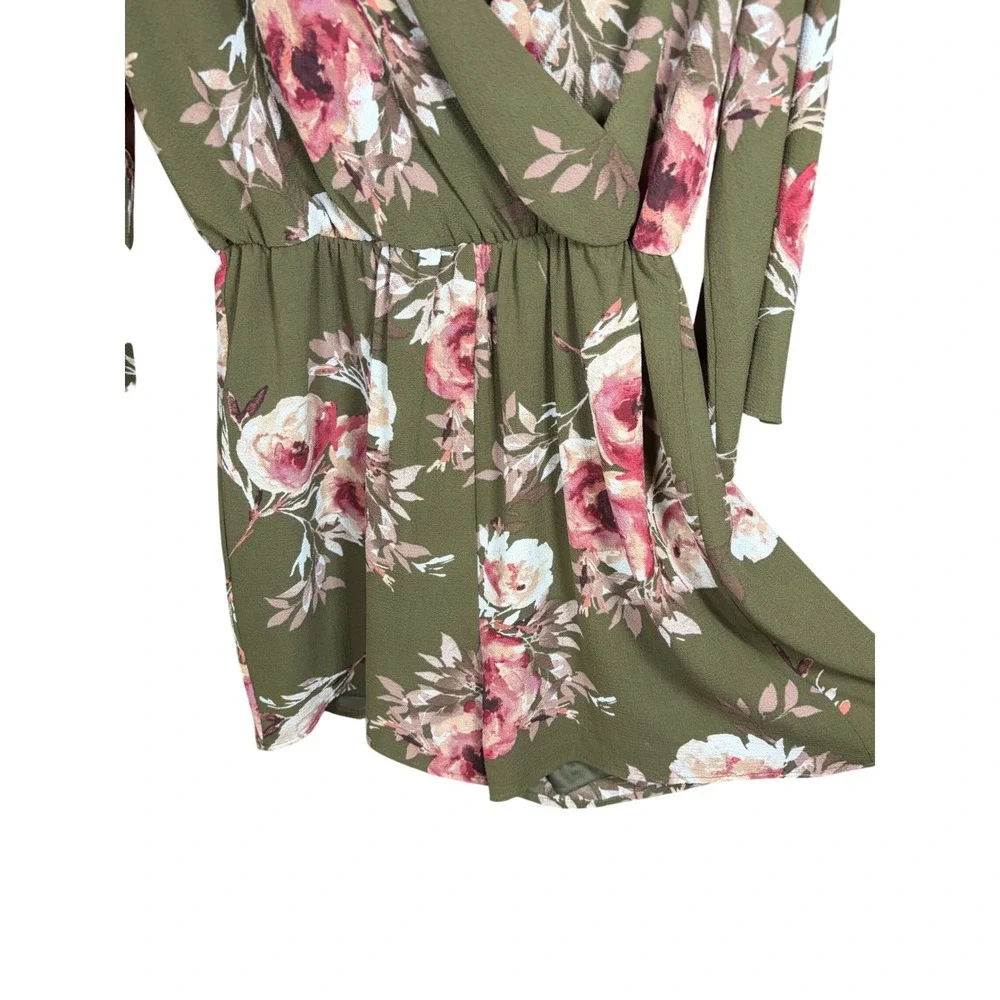 Miami Olive Green Floral Long Bell Sleeve Surplice Romper Womens Large - Picture 2 of 9